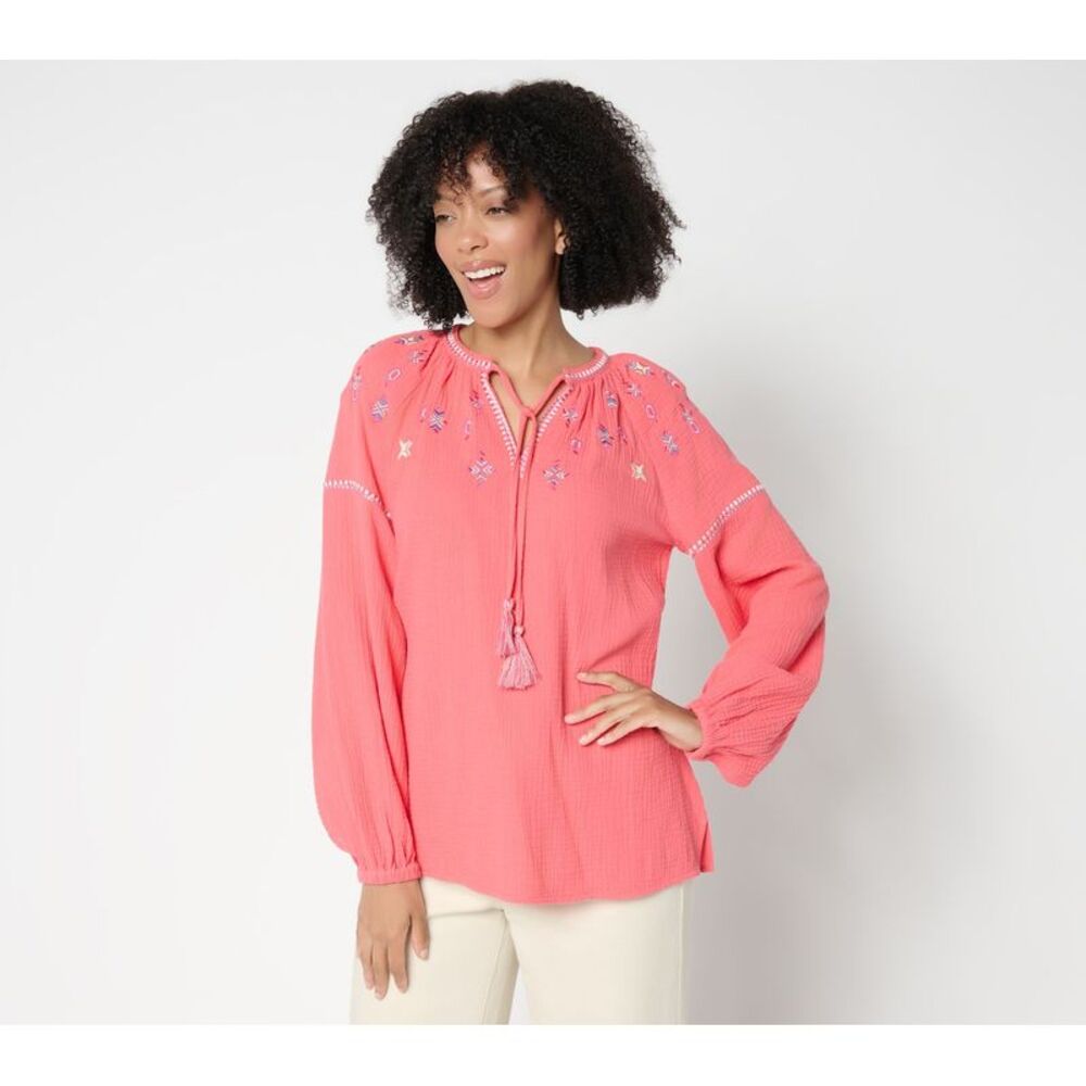 Christy Women's Top Sz XS Summer Sunset Cotton Gauze Tassel Pink A691532